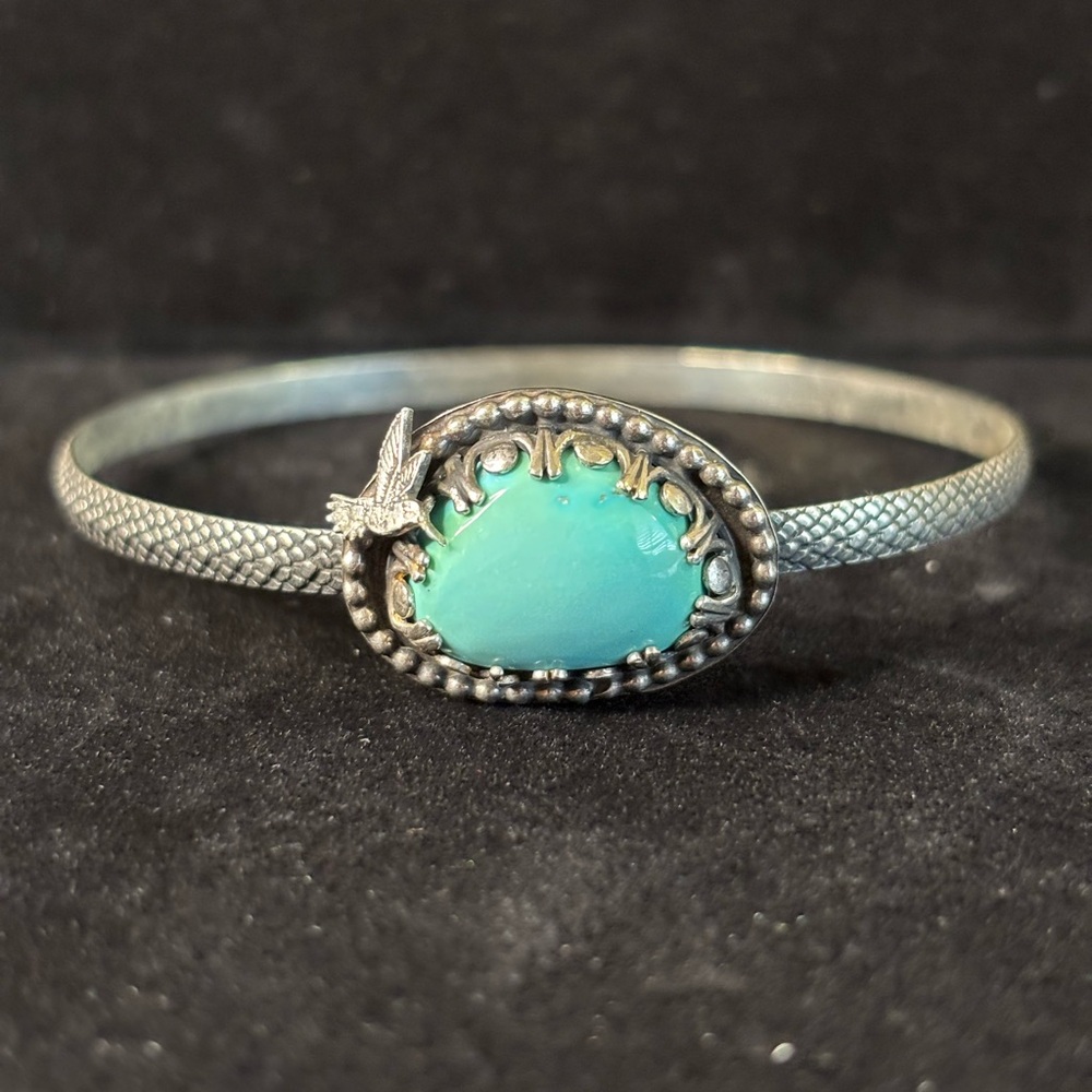 Sleeping Beauty Turquoise Sterling Silver Hummingbird Bangle